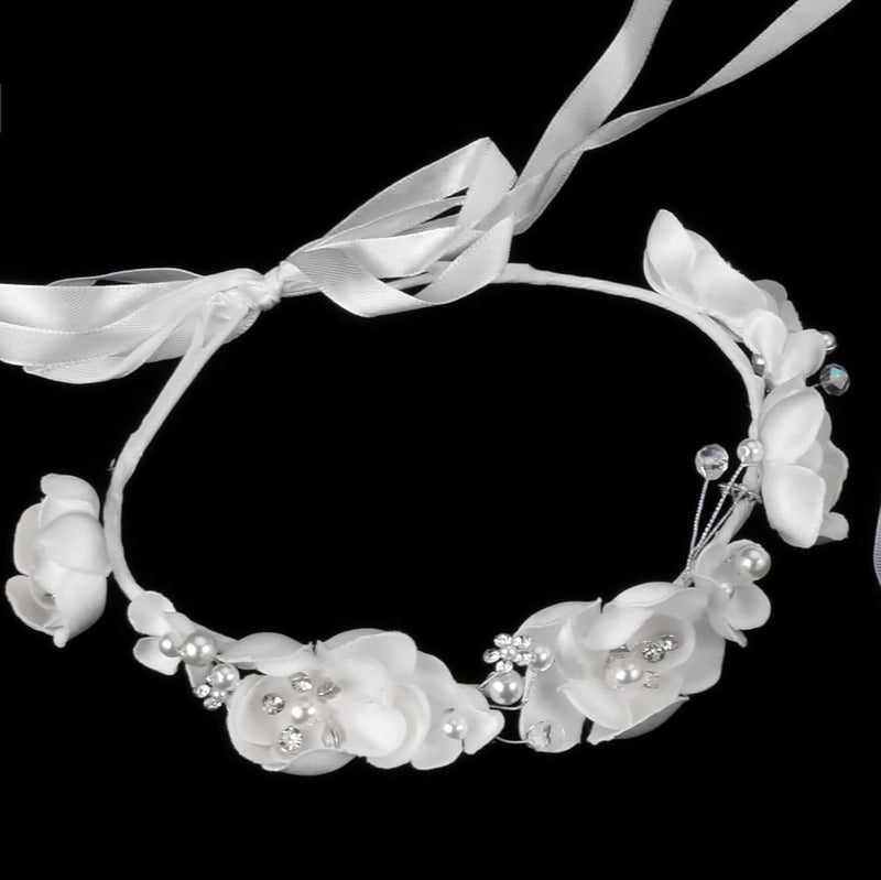 Merroyal Girls Communion Bow and Dangle Cross Charm with 24 Inch Veil on Hair Comb,with White Floral Crown - Image 3